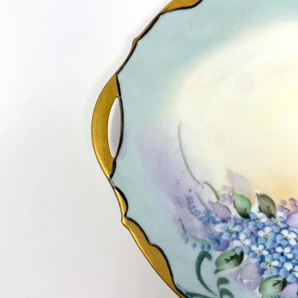 Antique Hand Painted Porcelain Cake Plate Floral Gold Handles Germany 10.5